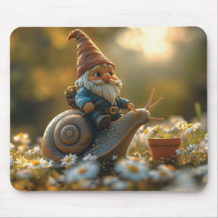Whimsical Gnome on Snail Ride Magical Garden Scene Mouse Pad