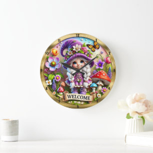 Whimsical Gnome Welcome Clock: Golden Frame Large Clock