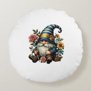 Whimsical Gnome with Flowers Round Pillow