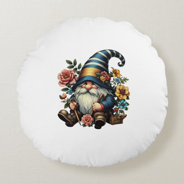 Whimsical Gnome with Flowers Round Pillow (Front)