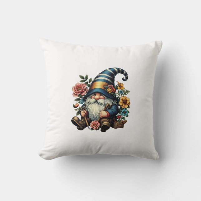 Whimsical Gnome with Flowers Throw Pillow (Front)