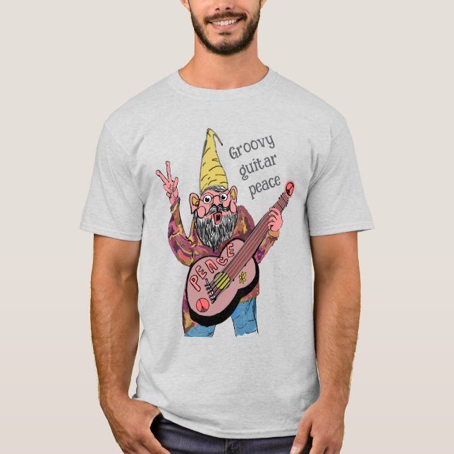 Whimsical Gnome with Peace Guitar, Groovy 60s Vibe T-Shirt (Front)