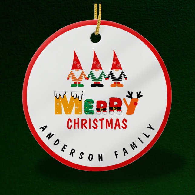 Whimsical Gnomes Playful Fonts Merry Christmas Ceramic Ornament (Creator Uploaded)