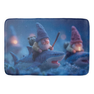 Whimsical Gnomes Riding on Sharks Bath Mat