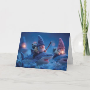 Whimsical Gnomes Riding on Sharks Card