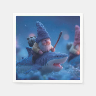 Whimsical Gnomes Riding on Sharks Napkin