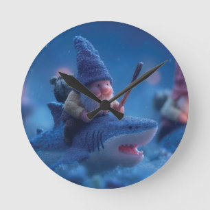 Whimsical Gnomes Riding on Sharks Round Clock
