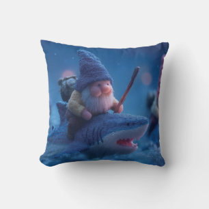 Whimsical Gnomes Riding on Sharks Throw Pillow