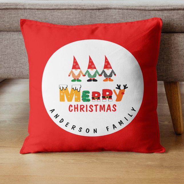 Whimsical Gnomes with Name Red & White Christmas Throw Pillow (Creator Uploaded)