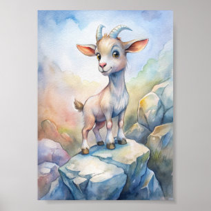 Whimsical Goat Watercolor,Cute Nature Illustration Poster