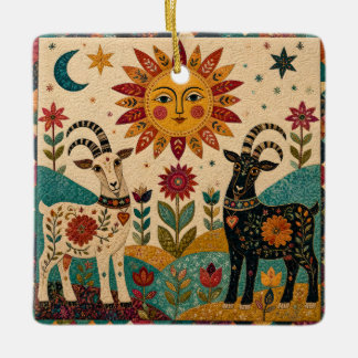 Whimsical Goats Folk Art  Ceramic Ornament