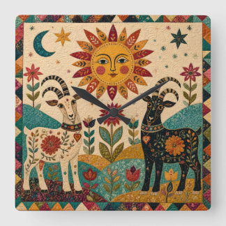 Whimsical Goats Folk Art  Square Wall Clock
