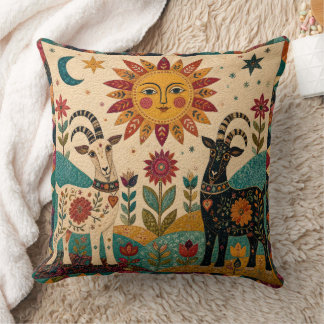 Whimsical Goats Folk Art  Throw Pillow
