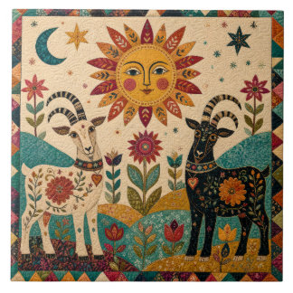 Whimsical Goats Folk Art  Tile