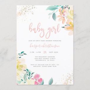 Whimsical Gold Blush Pink Floral Girl Baby Shower Invitation