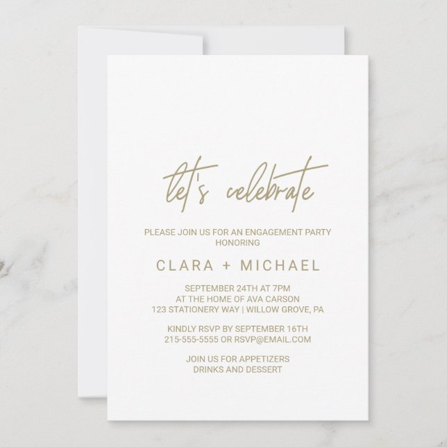 Whimsical Gold Calligraphy Let's Celebrate Invitation (Front)