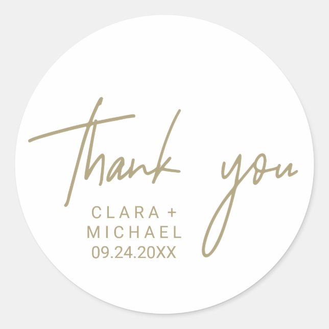 Whimsical Gold Calligraphy Thank You Wedding Favou Classic Round Sticker (Front)