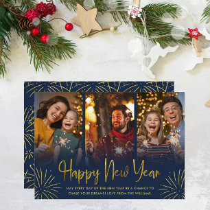 Whimsical Gold Fireworks Happy New Year Photo Holiday Card