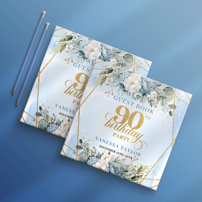 Whimsical Gold Frame Dusty Blue Flowers 90th  Guest Book (Whimsical Gold Frame Dusty Blue Flowers 90th Birthday Guest Book

)