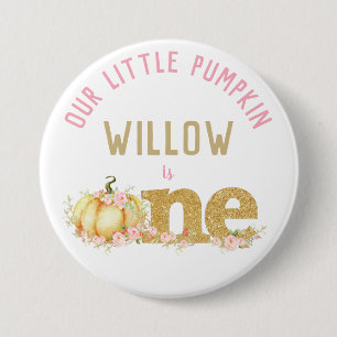 Whimsical Gold Glitter Pumpkin 1st Birthday Girl 3 Inch Round Button