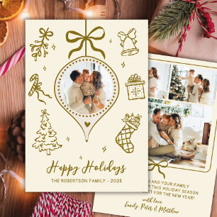 Whimsical Gold Hand Drawn Photo Christmas Happy Holiday Card