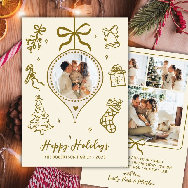 Whimsical Gold Hand Drawn Photo Christmas Happy Holiday Card (Creator Uploaded)