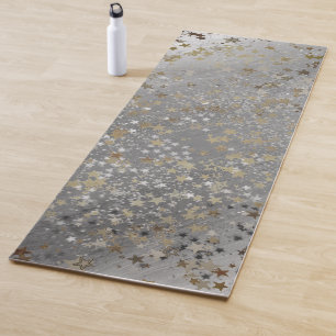 Whimsical Gold Silver Stars on Ombre Grey Yoga Mat