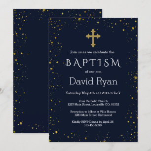 Whimsical Gold Starry Night Boy Baptism Invitation