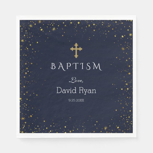 Whimsical Gold Starry Night Boy Baptism Napkin (Front)
