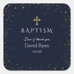 Whimsical Gold Starry Night Boy Baptism Square Sticker