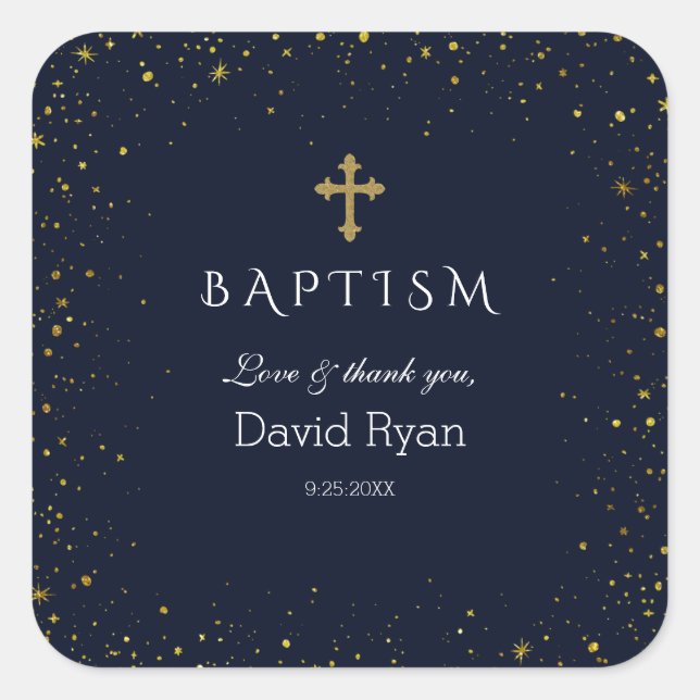 Whimsical Gold Starry Night Boy Baptism Square Sticker (Front)