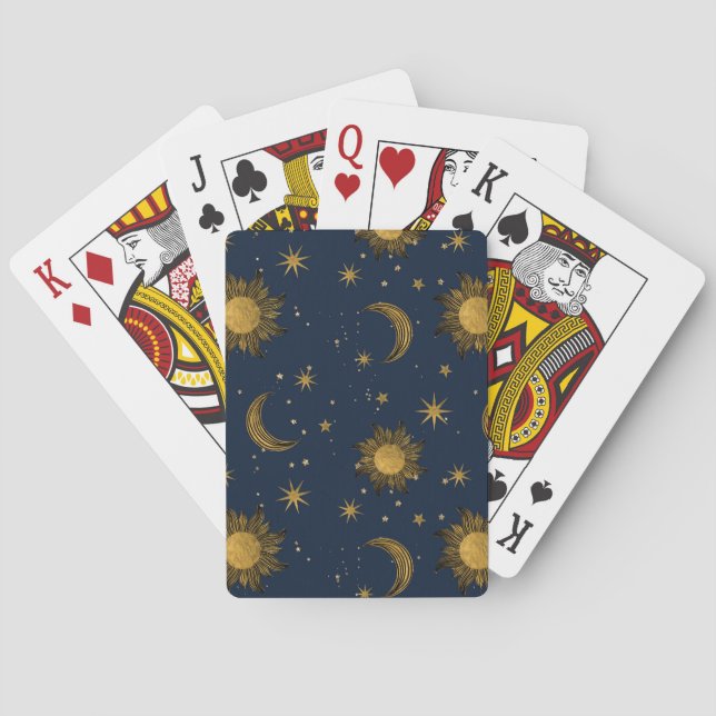 Whimsical Golden Celestial Night Sky Playing Cards (Back)