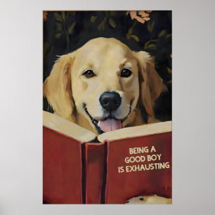 Whimsical Golden Retriever Dog Reading Book Art Poster