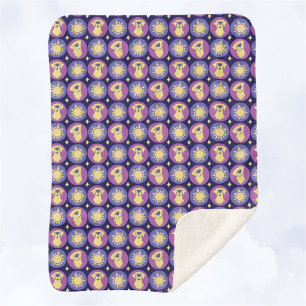Whimsical Golden Retriever Sun Polka Dot Dark Blue Sherpa Blanket