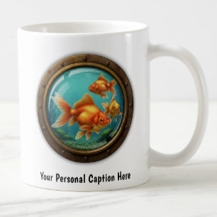 Whimsical Goldfish Inside a Porthole Coffee Mug
