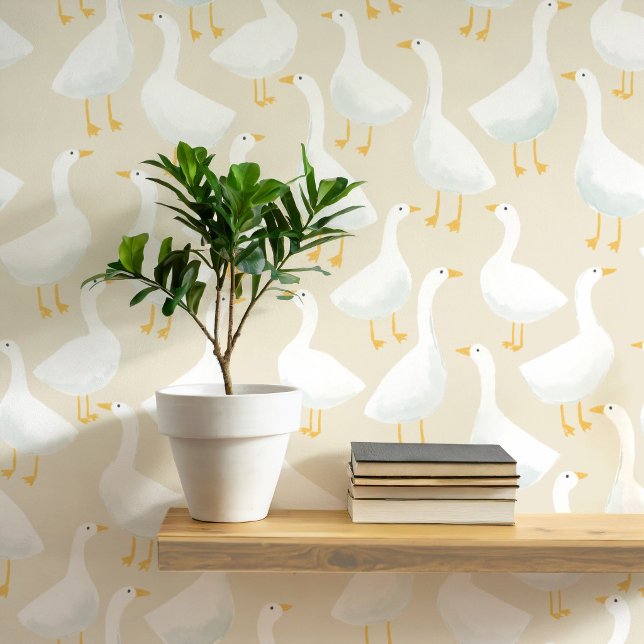 Whimsical Goose Pattern Soft Neutral Style Wallpaper (Goose geese art neutral farmhouse or nursery wallpaper)