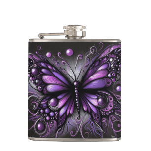 Whimsical Gothic Butterfly Purple Black Colourful Hip Flask