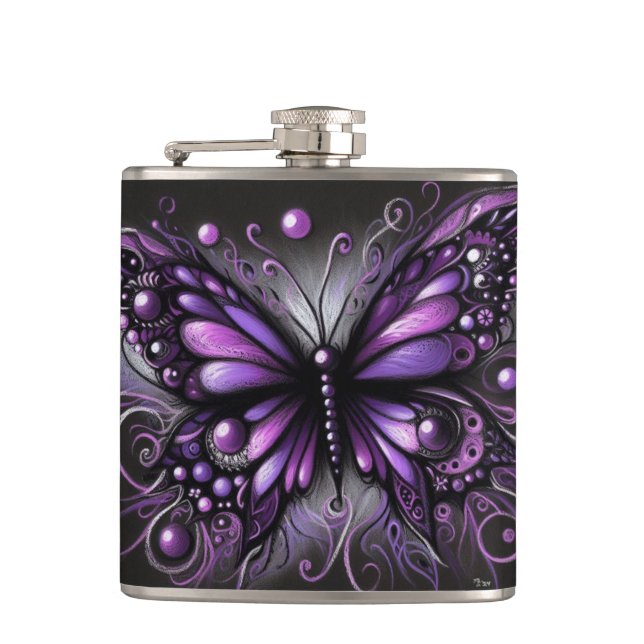 Whimsical Gothic Butterfly Purple Black Colourful Hip Flask (Front)