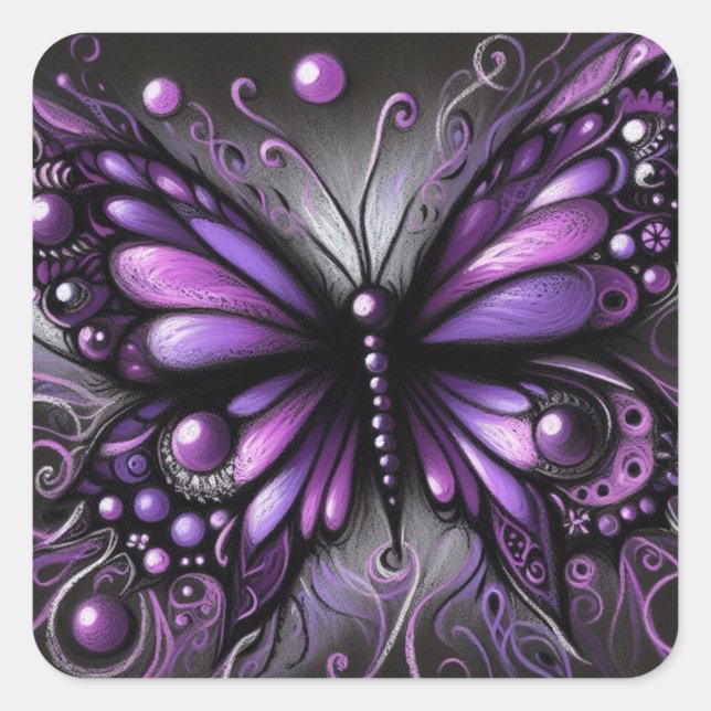Whimsical Gothic Butterfly Purple Black Colourful Square Sticker (Front)