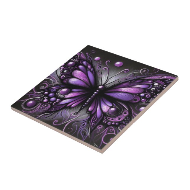 Whimsical Gothic Butterfly Purple Black Colourful Tile (Side)