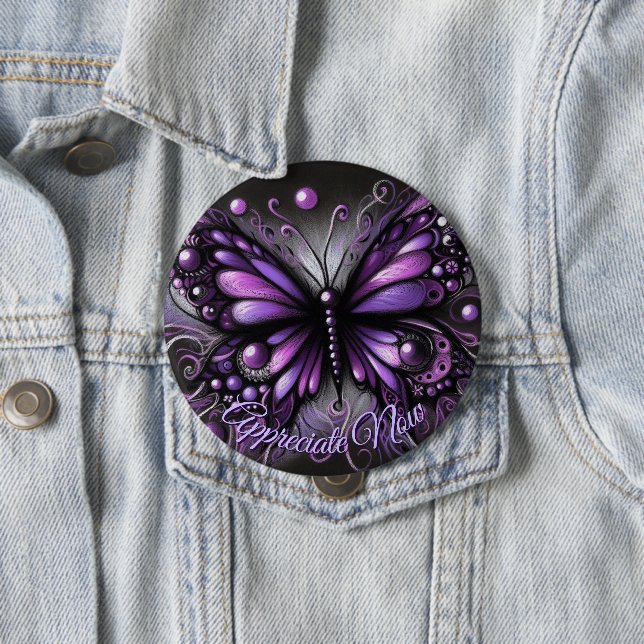 Whimsical Gothic Butterfly Purple Personalized 4 Inch Round Button (In Situ)