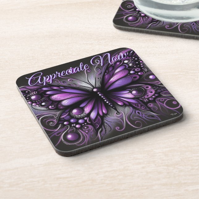 Whimsical Gothic Butterfly Purple Personalized Coaster (Left Side)