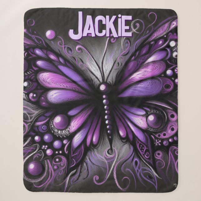 Whimsical Gothic Butterfly Purple Personalized Sherpa Blanket (Front)