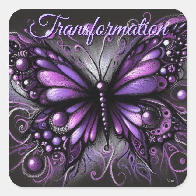 Whimsical Gothic Butterfly Purple Personalized Square Sticker (Front)