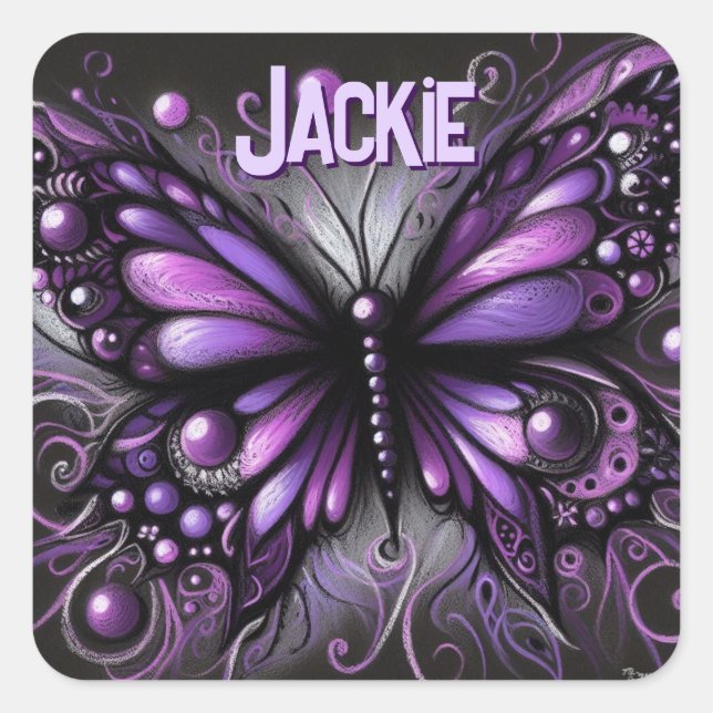 Whimsical Gothic Butterfly Purple Personalized Square Sticker (Front)