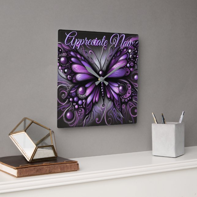 Whimsical Gothic Butterfly Purple Personalized Square Wall Clock (Office)