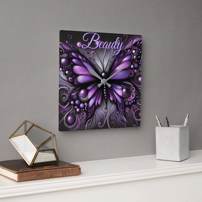 Whimsical Gothic Butterfly Purple Personalized Square Wall Clock (Office)
