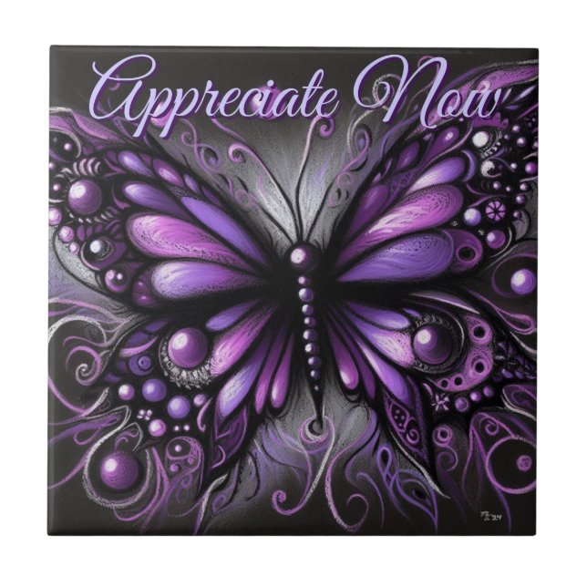 Whimsical Gothic Butterfly Purple Personalized Tile (Front)