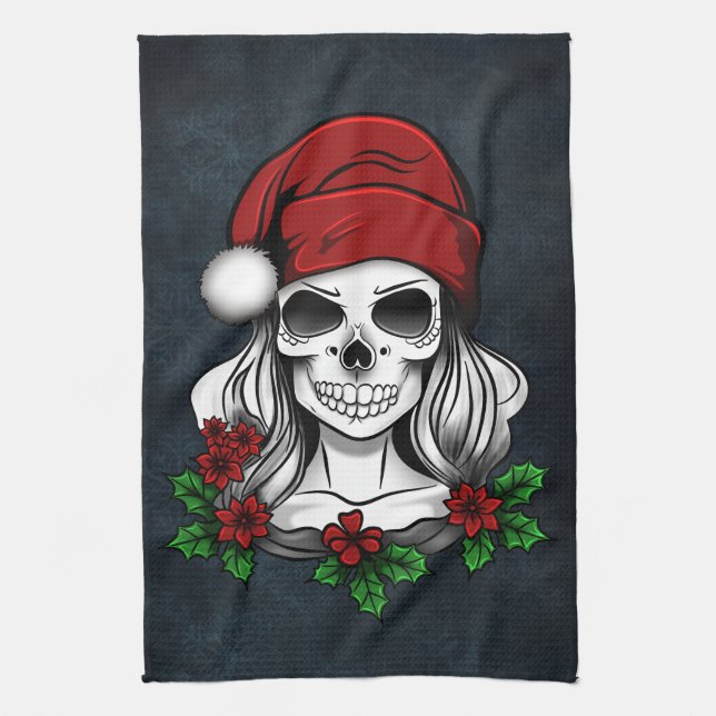 Whimsical Gothic Santa Skull Christmas Kitchen Towel (Vertical)