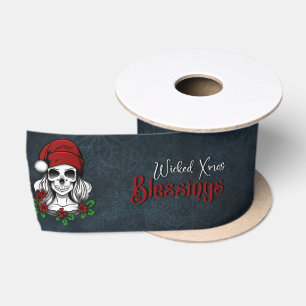 Whimsical Gothic Santa Skull Christmas Satin Ribbon